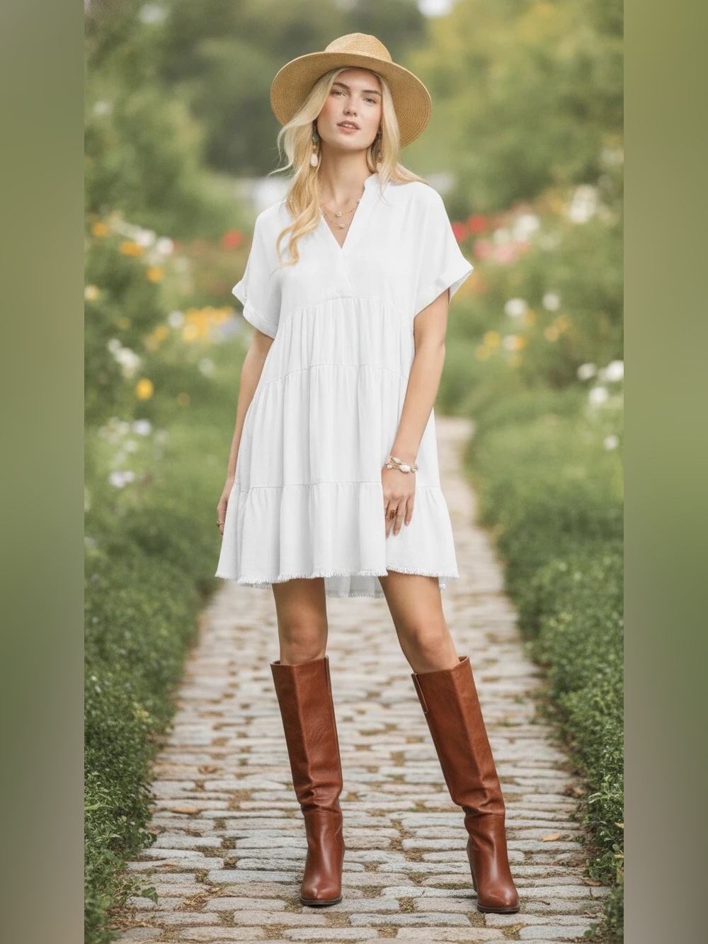 Umgee Women’s Linen Blend Tiered Babydoll Dress in White. Size Medium